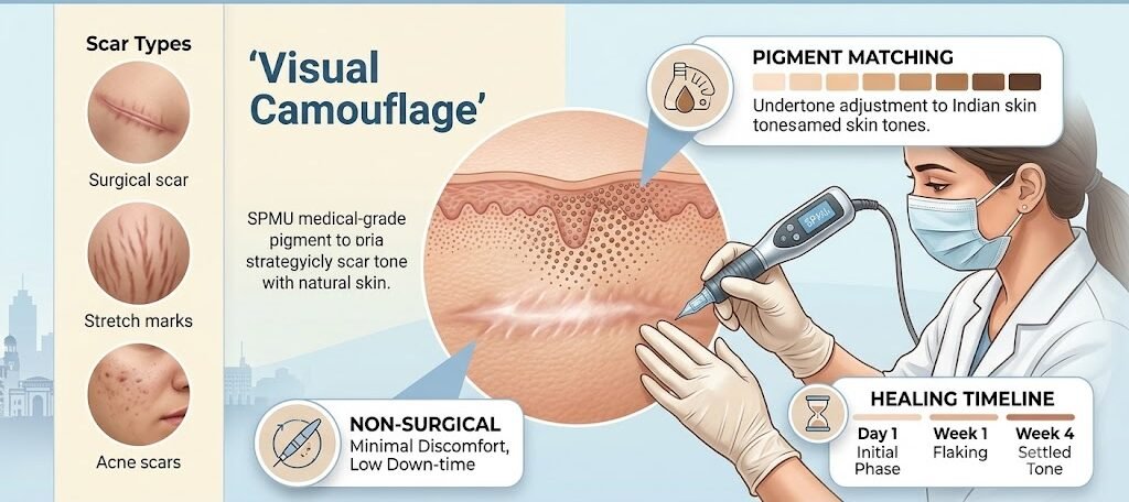 Advanced Scar Correction with SPMU in Pune infographic by Eyebrows Lips & Scalp Clinic showing scar types, pigment matching for Indian skin, and healing timeline