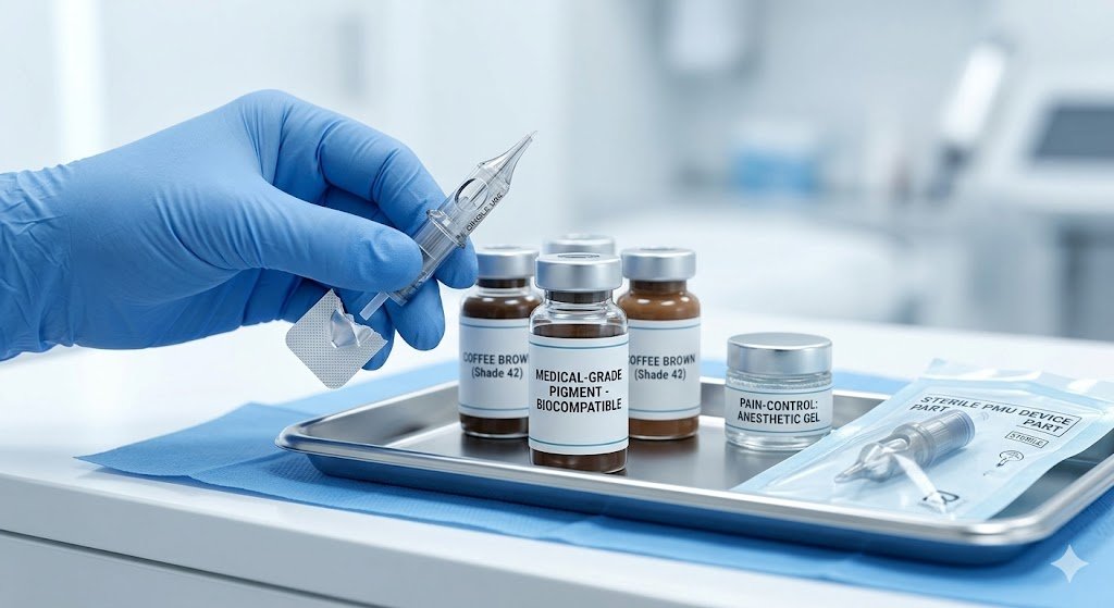 PMU needle cartridge over a clinical tray containing medical-grade biocompatible pigments and anesthetic pain-control gel, demonstrating strict hygiene standards