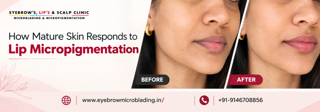 Mature lips can gradually become drier, thinner and less defined. Changes in skin structure and repeated sun exposure can also contribute to differences in lip colour and texture. Some people notice that their natural lip border appears less distinct than before. Others may see uneven pigmentation or areas that look darker or lighter. These changes matter during lip micropigmentation because the pigment interacts with the existing lip colour and the condition of the skin underneath it. For example, a warm pink pigment that looks one way on a light, even lip can appear different when applied over lips with a naturally deeper brown, purple or grey-brown tone. The underlying lip colour can influence how the pigment appears after healing.